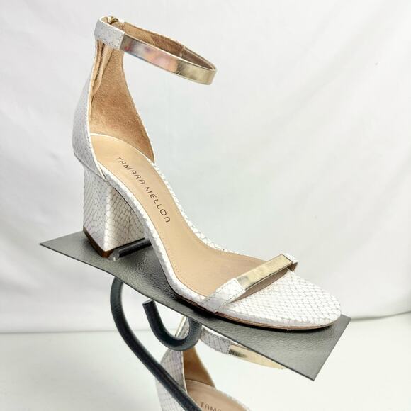 Tamara Mellon White & Gold Snakeskin Triangle Heel Sandals Size Eur 36.5/ US 6.5 - Picture 3 of 10